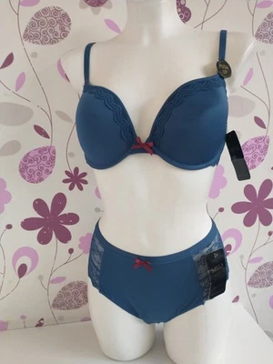 Push Up BH-Set  Größe 85C+44 petrol Mit Roter Dekoschleife - Bild 1 von 3