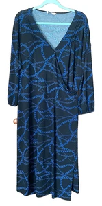 Agenda Plus Size 28 Black Blue Chain Print Stretchy Jersey Wrap 46in Midi DRESS - Picture 1 of 3