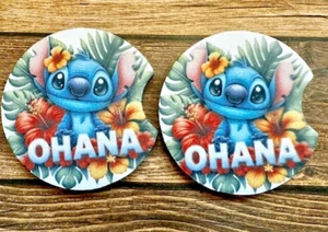 Set of 2 Custom Neoprene Car Coasters Ohana Stitch Hawaiian Family Love Aloh RTS - Picture 1 of 1