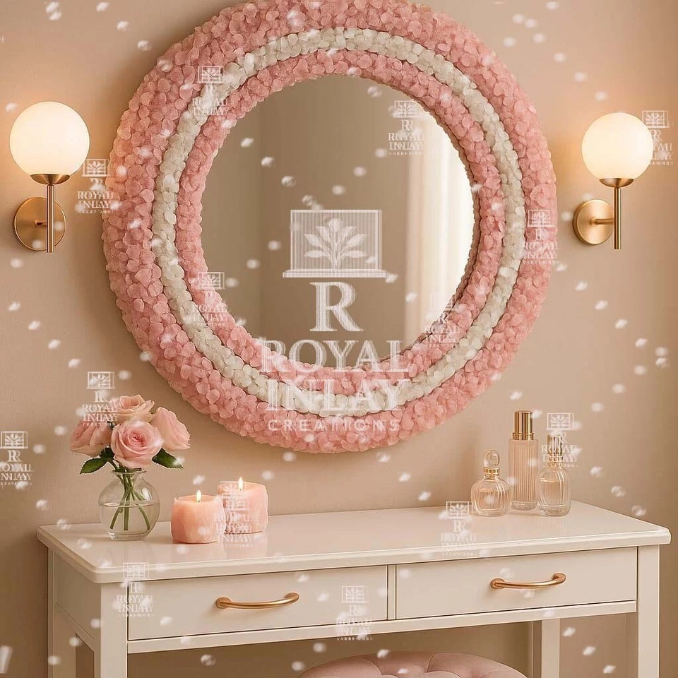 Espejo redondo de cuarzo rosa y cristal de cuarzo transparente - Espejo de pared hecho a mano para tocador Foto 1 de 4