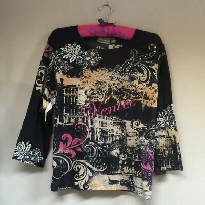Jane Ashley Womens Venice Theme Top Crew Neck 3/4 Sleeve Tee Black Medium Cotton - Image 1 of 4