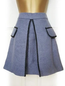 STELLA MCCARTNEY Blue Grey Virgin Wool Skirt w Leather Trimmings, Size 10 - BNWT - Picture 1 of 6