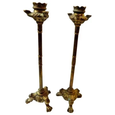 Paire de bougeoirs en bronze empire    pieds griffes Hauteur : 32 Diamètre : 9.5 - Photo 1/4