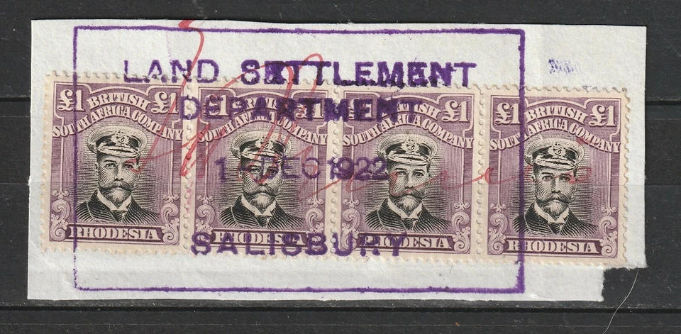 Rodesia 1922 con tira muy fina x 4 £1 almirantes negros y violetas en pieza. Foto 1 de 1