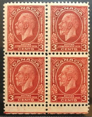 BroadviewStamps Canada #192i broken 'e' variety block of 4.  MNH XF CV$240 - Image 1 of 3