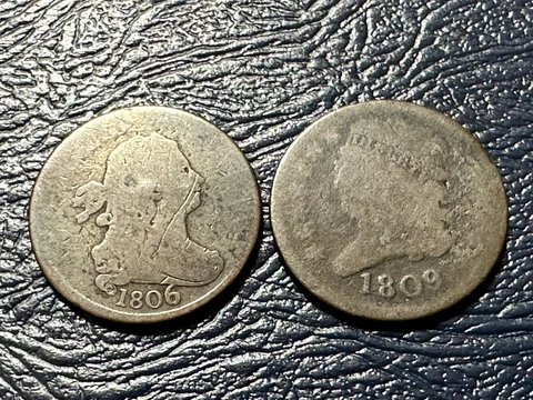 1806 ( LARGE 6 )W/STEMS DRAPED BUST And 1809 Classic Head Half Cents NICE!! Cover
