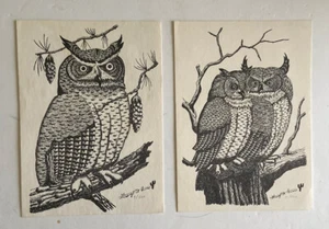 80's Pair Of Owl In Tree Prints 5.25" X 7.25" Home Decor Country Vintage - Picture 1 of 10