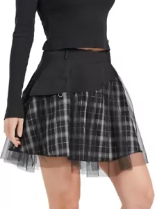 Kisidoo Women's Goth Plaid Skirt Black w/Mini Tulle Mesh & Elastic High Waist - Picture 1 of 5