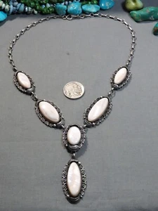 NAVAJO P. Benally Pink MUSSEL SHELL Sterling Silver 18" Lariat NECKLACE - Picture 1 of 15