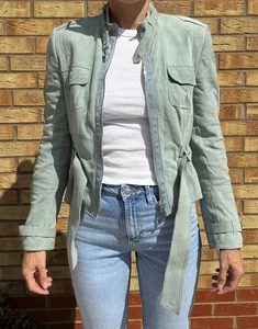 Karen Millen Real Suede Biker Jacket Size 12 Sage Green Belted - Picture 1 of 13
