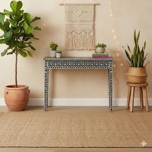 Handmade Bone Inlay Console Table Black Floral Geometric Hallway Accent Table - Picture 1 of 4