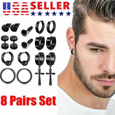 16 PACK Earrings Stud Stainless Steel Punk  Piercing Men Hoop Gothic Unisex - Image 1 of 4