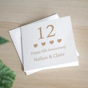 Personalisierte Karte zum 12. Hochzeitstag Handarbeit Seide Jubiläumskarte - Bild 1 von 3