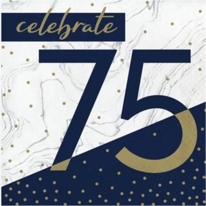 Navy & Gold Milestone 75th Birthday Lunch Napkins Paper 16 Per Pack 6.5" x 6.5" - Picture 1 of 1