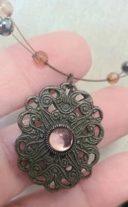 Floating Beads Necklace W/ Floral Pendant Pink Center Stone W/ Antique Finish - Picture 1 of 4