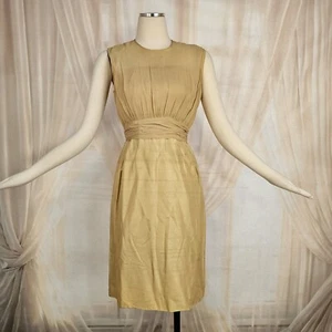Vintage 1950s Wiggle Dress Gold Tan Sleeveless Fitted Chiffon Pinup Rockabilly - Picture 1 of 14