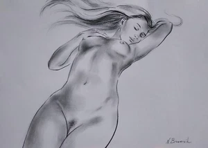 Bild Gemälde schwarz weiß Akt Figur Mädchen Bleistift Papier Handarbeit Kunst Zeichnung - Bild 1 von 2