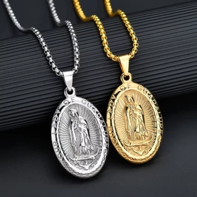Gold Plated Stainless Steel Guadalupe Virgin Mary Necklace Pendant Box Chain N41 - Image 1 of 3