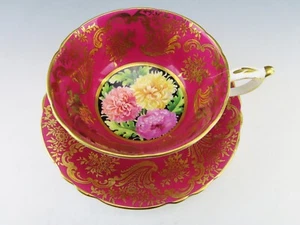 Paragon DW chrysanthemums gold over magenta ground cup & saucer A1544 CRACK - Picture 1 of 11