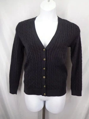 Lands End Black Cable Knit V-Neck Button Cardigan Sweater Sz Medium (10-12) New - Image 1 of 4