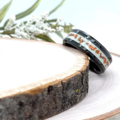 Anillo de 8 mm para regalo de Navidad banda con incrustaciones de ópalo naranja y blanco triturado tungsteno negro Foto 1 de 4