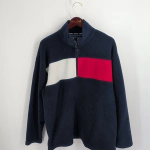 Vintage Tommy Hilfiger Jeans Fleece 1/3 Zip Pullover Sweater Blue White Size XL - Picture 1 of 7