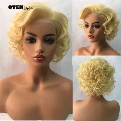 Short Curly Blonde Lace Front Human Hair Blend Heat Ok Wigs #613 Women Natural - Image 1 of 4