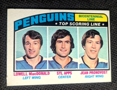 Sharp 1976-77 Topps #218 Pittsburgh Penguins "Bi-Centennial Line" Card-EX+/NM - Image 1 of 2