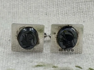 VINTAGE 1980s sterling silver carved HEMATITE Roman square cufflinks h/m 1986 - Picture 1 of 8