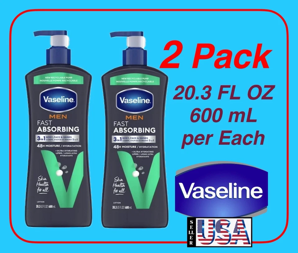 Vaseline Men Healing Moisture Body and Face Lotion Fast Absorbing 20.3 Oz 3pcs
