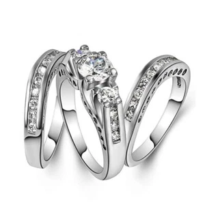 925 Sterling Silver Lab Created Diamond His Her Trio Band Bridal Ring Set 3Ct - Picture 1 of 8