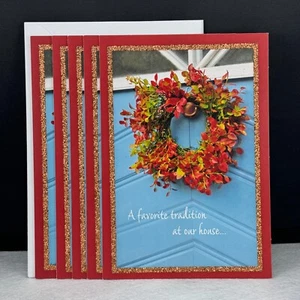 LOT OF 5 HALLMARK HAPPY THANKSGIVING Greeting Cards + Envelopes, Autumn Wreath - Picture 1 of 5
