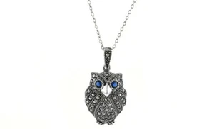 925 Sterling Silver Genuine Marcasite Black Owl Pendant Necklace - 18" - Picture 1 of 2
