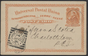 1896 Newfoundland #P4 2c UPU Card, St John's, Charlottetown Squared Circle