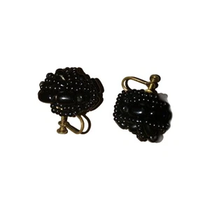 Vintage schwarze Knoten Perlen Ohrringe mit Schraubverschluss - Bild 1 von 2
