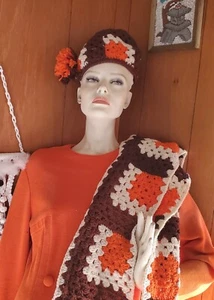 Vintage 60" Scarf Set Beanie Hat Cap Pom Pom Orange Brown Retro 1960's 1970's - Picture 1 of 4