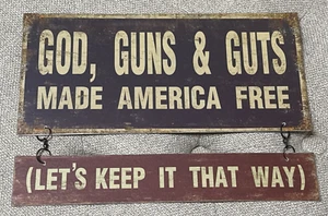 GOD GUNS & GUTS FREE AMERICA METAL  METAL MANCAVE HOUSE SIGN PATRIOTIC - Picture 1 of 1