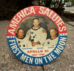 1969 NASA Apollo 11 "First Men on the Moon" Armstrong Pinback Button 3.5" - Picture 1 of 2