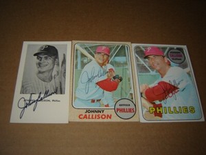 Lot of 3 SIGNED Johnny Callison items: business card, 1969 & 1968 Topps Phillies