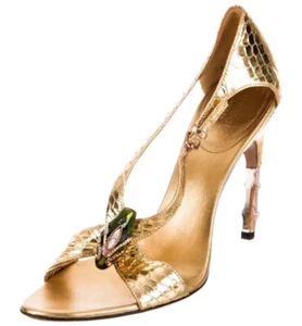 Authentic Vintage Gucci Tom Ford Gold Python Leather SnakeHead Heel Sandals 39.5 - Picture 1 of 18
