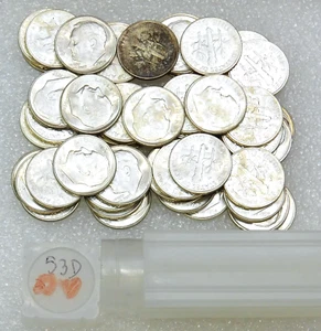 1953-D Roosevelt Silver Dime ORIGINAL UNPICKED Gem BU roll 50 coins Frosty K264D - Picture 1 of 2