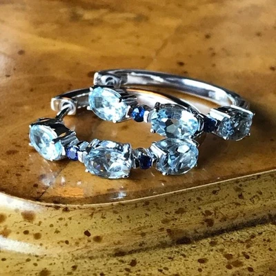 Natural Aquamarine Blue Sapphire Sterling Silver Hoop Earrings - Image 1 of 4