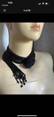 Vintage 62” Art Deco Sautoir Black Glass Beaded Necklace Scarf Belt - Image 1 of 4