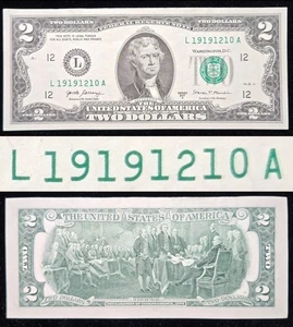 2017-A $2 Dollar Note 🔥Alternator (1's) + Birthday (12/10/1919) Serial Number🔥 - Picture 1 of 3