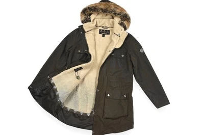 Women's Barbour Carribena Parka Jacket Wax Olive Fur Hooded England Size 12 - Image 1 of 4