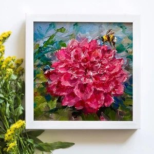 Original Ölgemälde Dahlie Blume Mini Kunst Garten Blumen 4x4in so - Bild 1 von 7