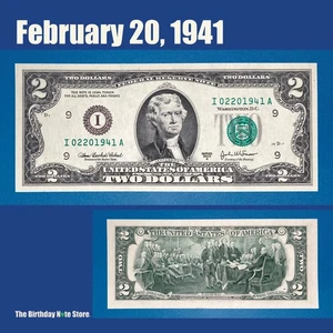 February 20, 1941 Birthday Anniversary $2 Two Dollar Bill Serial Number 02201941 - Picture 1 of 2