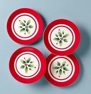 Lenox Holiday Hand Paint Stripe Dessert Plates Of 4 New In Box - Picture 1 of 2