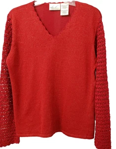 Katie Lee Size M (8/10) Red Glitter Sweater V-Neck Crochet Long Sleeves Pullover - Picture 1 of 6