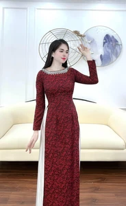 Ao Dai Lụa Thái Tuấn Cổ Thuyền Đính Pha Lê Gr. L (Ngực 90, Eo 76 cm) kèm quần - Bild 1 von 8